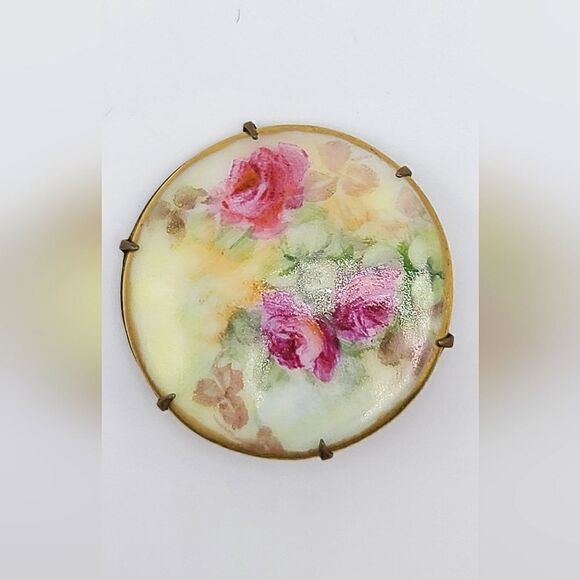 Antique Victorian handpainted porcelain brooch pin, floral - Picture 1 of 4